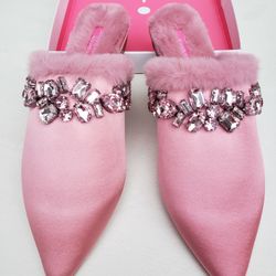 BRAND NEW PINK SILK & FUR  MULES WITH SPARKLING RHINESTOBES SIZE 6 BY ISAAC MIZRAHI