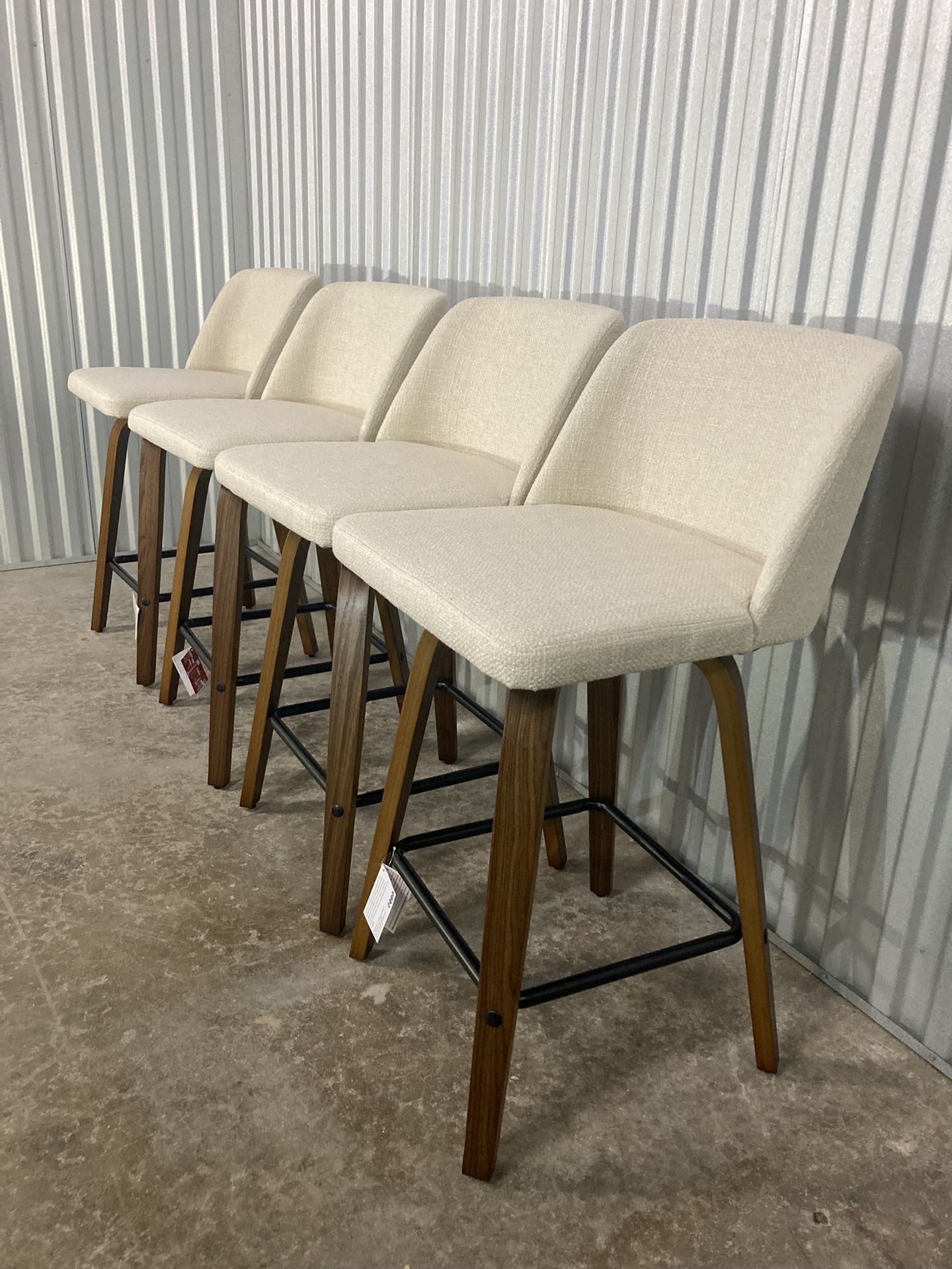 Toriano Stools – Set of 4 (Walnut + Cream Noise Fabric) – Available in 24”, 26”, & 30” ✨