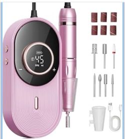Electric Nail Drill Professional: 45000RPM Drill Kit, Pink 4000mAh Battery Lasts 8+ Hrs - 7 Bits and 6 Sanding Bands for Shaping, Gel Removal - Easy f