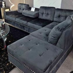 Black Sectional Sofa Velvet Couch With Cup Holders