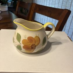 Vintage Hand Painted Yellow Orange Floral w/ Green Leaves Pitcher Vase