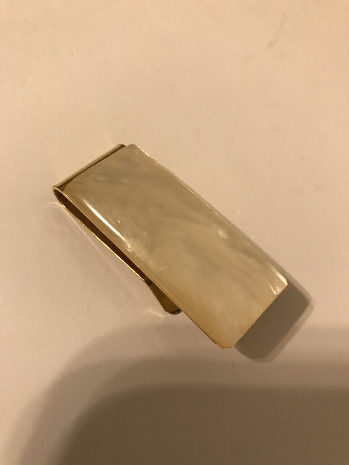 Vintage 2” Mother of Pearl Gold Colored Brass Money Clip
