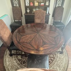 60” Round Wood Dining Table + 6 Chairs + Rug 