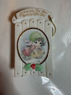 Estate Sale - Precious Moments Porcelain Sled-Shaped Christmas Ornament