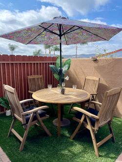 Patio Table Set Teak outdoor dining furniture with umbrella and cushions