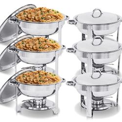 Pack of 6 Round Chafing Dish Full Size 5 Quart Stainless Steel Deep Pans Chafer Dish Set Utensils w/Fuel Holder