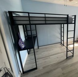 Black, Full size metal loft bed with 5 drawer cabinet