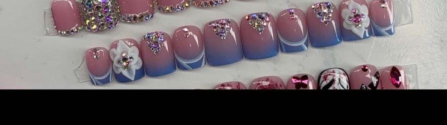 Extra Short square press on nails rhinestones blue ombré