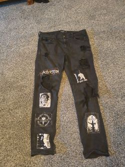 Patched up black denim crust punk jeans 34x32