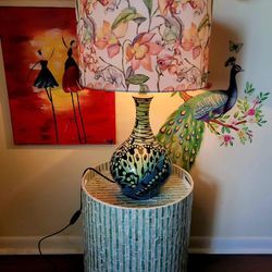 $117 EACH OR BEST OFFER FOR BOTH: MATTHEW WILLIAMSON Butterfly Ceramic Table Lamp 16.5" ,Blue/Green Capiz Accent Table 18.5"×14.5"