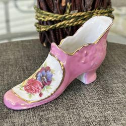 Antique German Iridescent Porcelain Pink & Gold Floral Heeled Shoe Figurine
