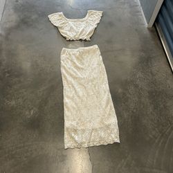 Cream Crochet Knit Set Crop Top Maxi Skirt medium