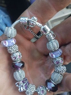 Silver pandora Charm Bracelet with Purple Beads