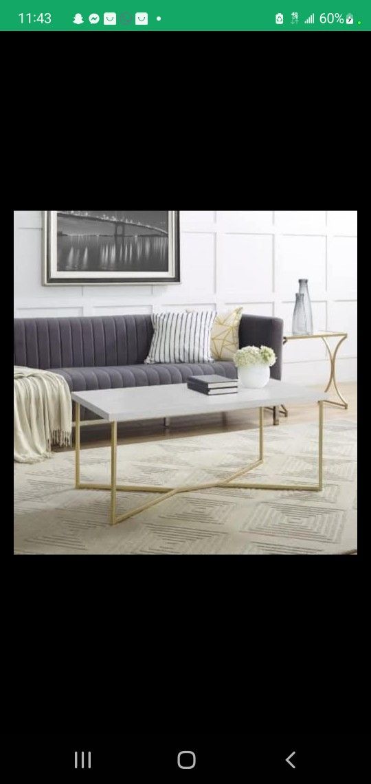 Y-Leg Faux Marble Coffee Table with Gold Base | Modern Two-Tone Design