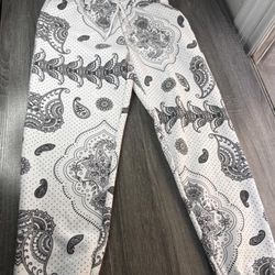 white and black bandana print sweatpants