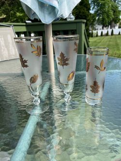 Mid Century Libbey Gold Leaf Pilsner Glasses - Set of 3 Frosted Foliage