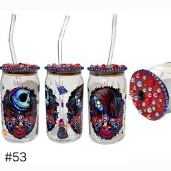 Jack Skellington Glass Tumbler Cup 16 oz  UV DTF Black Design Glass Straw