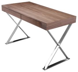 Pemberly Row Modern Wood Veneer & High Polished Steel Desk in Walnut 47”
