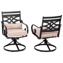 Black Swivel Metal Outdoor Dining Chair with Beige Cushions and Steel Frame (2-Pack)