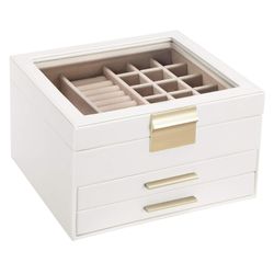 Jewellery Box with Glass Lid, 3-Layer Jewellery Organiser with 2 Drawers, Gift for Loved Ones, White