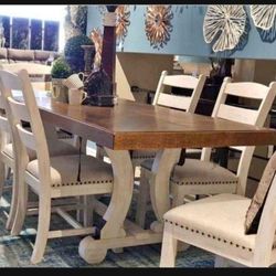 Valebeck White/ Brown Farmhouse Style 7pc Dining Set 💥 Brand New💯 Kitchen/ Dining Room Set 🤩 Financing Available 👍