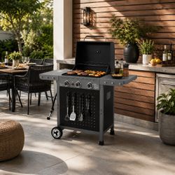 Royal Gourmet 3-Burner Gas Grill with Pegboard Storage - 19,500 BTU, 420 Sq. In. Cooking Area, Porcelain-Enameled Grates, Black/Cool Gray (GL3001)