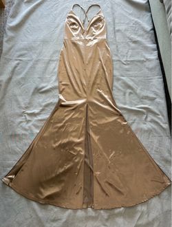 Champagne Satin Maxi Dress (size L) Plunging V-Neck Formal Gown