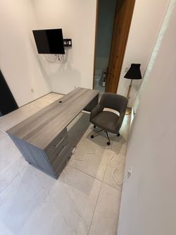 Gray Wood-Tone Desk with Drawers