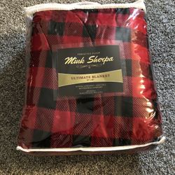 Mink Sherpa Ultimate Blanket, Red & Black Plaid - 50” X 60”, NEW