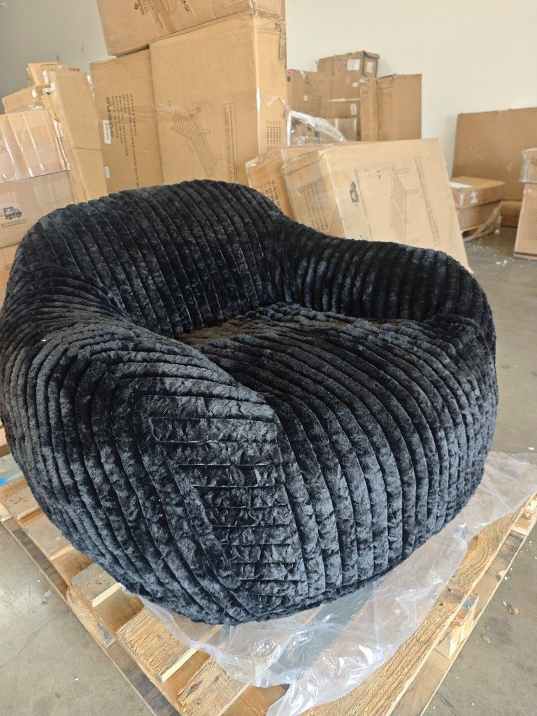 Oversized Black Fabric Faux Rabbit Fur Accent Chair Comfy Bean Bag Chair with Wide Armrests