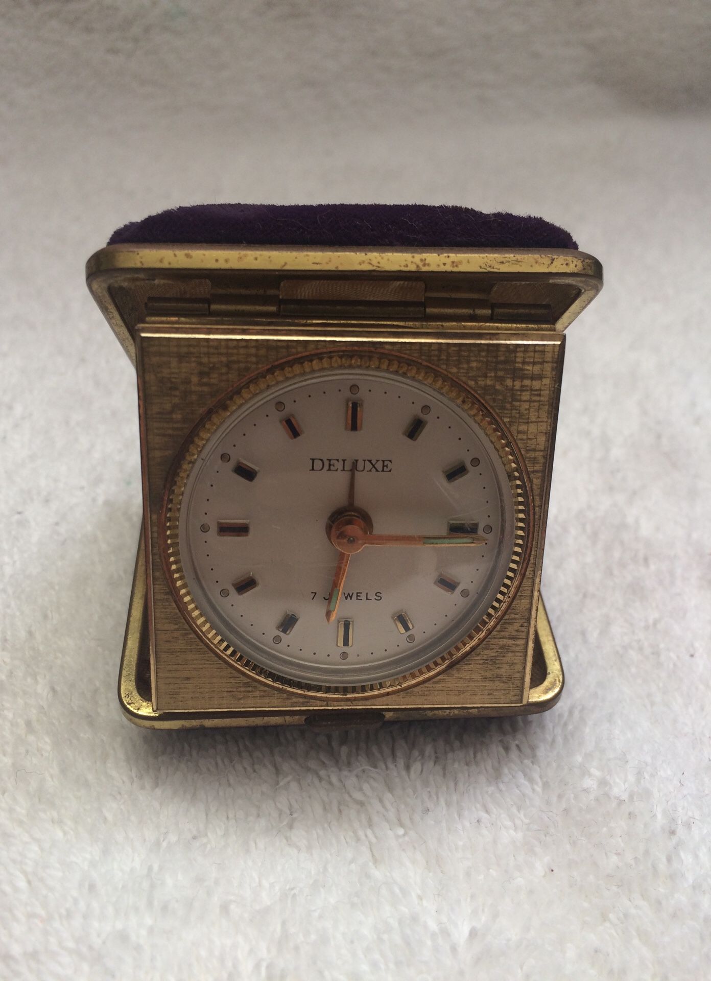 Old Travel Alarm Clock Watch Mechanical 7 Jewels Brass Purple Case Clock