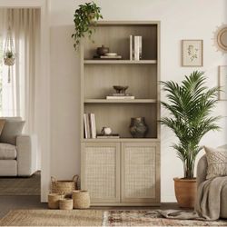 71" Tall Bookcase 5 Tier Rattan Bookshelf with Doors for Library Farmhouse Storage Book Shelf with Adjustable Shelves Large Book Case Bookshelves for 
