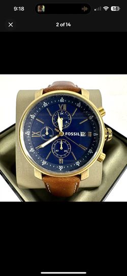 New Fossil Rhett Chronograph Gold Blue Brown Leather Mens Watch BQ2099