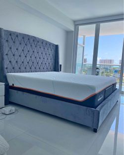 Gray velvet king bed frame