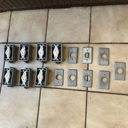 6 GANG BOXES 3 Hole 1/2” Threaded Outlets With LEVITON Outlets 20A 125V, 8 Metallic Plates… In Good Condition…ALL 22 PIECES…. $65