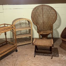 Wicker Chairs, Chaise, Bar Cart, Foot Stool