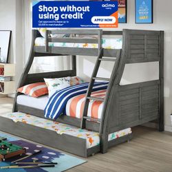 Twin/Full/Twin Gray Hoover Collection Bunk bed w. Orthopedic Mattresses Included 