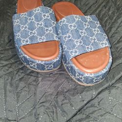 Authentic Gucci GG Monogram Denim Slides – Blue/Brown – Size EU 39.5