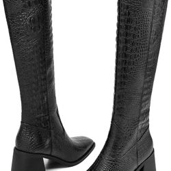 Knee High Boots Women Chunky Heel Fashion Faux Leather Tall Boots Square Toe Block Heeled Long Riding Boots（crocodile 6.5）