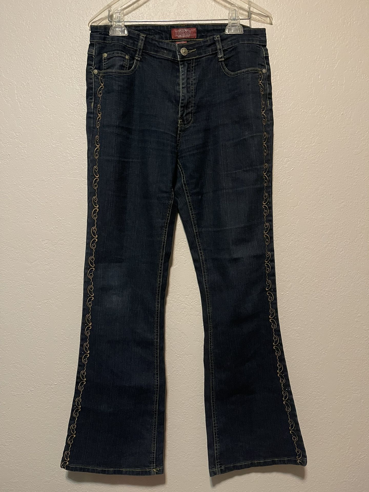 Cos Jeans, Women’s Blue Flared 5 Pocket Denim Embroidered Jeans, Size 8