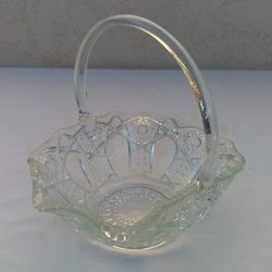Beautiful Vintage Decorative Crystal Glass Basket with Handle, Designer Centerpiece (Overall: 8.5"x 7"x 8" H; Basket: 3" deep) in Excellent Condition
