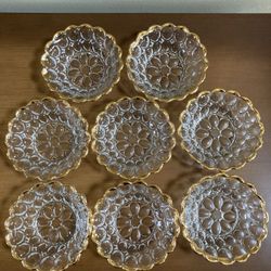 8-Vintage Jeanette Glass Thumbprint 5 Inch Bowls With Gold Trim