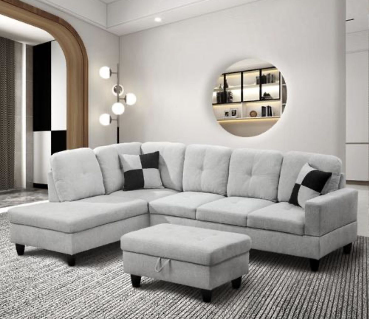Brand New Grey/white Flannelette Sectional Sofa With Storage Ottoman