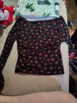 Black Cherry Print Off-Shoulder Long Sleeve Top