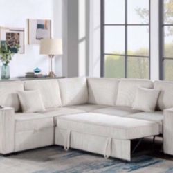 3-pc Convertible  Sectional With Pullout Bed & storage Ivory Corduroy 