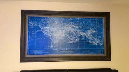 Large Framed Vintage World Map – Blue & Black Wall Art