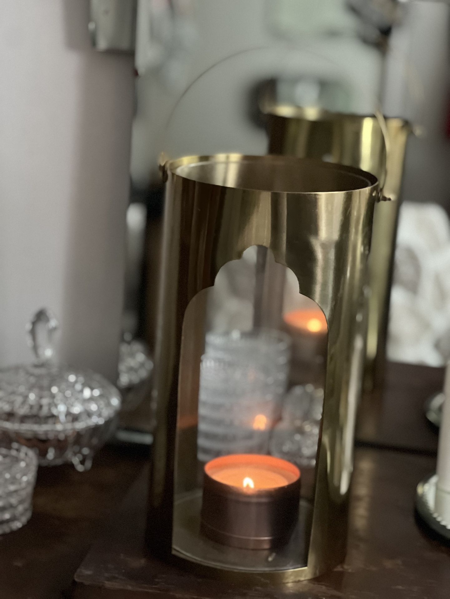 Brass Tone and Glass Hurricane Candle Holder