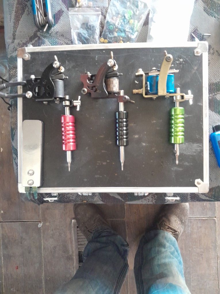 3 Tattoo Machines W/ Power Supply, Pedal, Two Prong Cords + More
