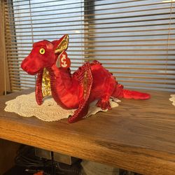 17” Fossils the Dragon Ty Beanie Babies 2007 fiery red plush with shiny gold red accents like new!