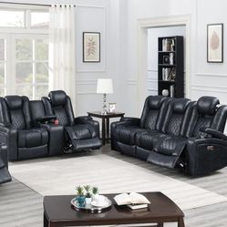 Brand New Ink Blue Power Reclining Sofa + Loveseat With Reading Lights, Cul Holder, Arm Storage